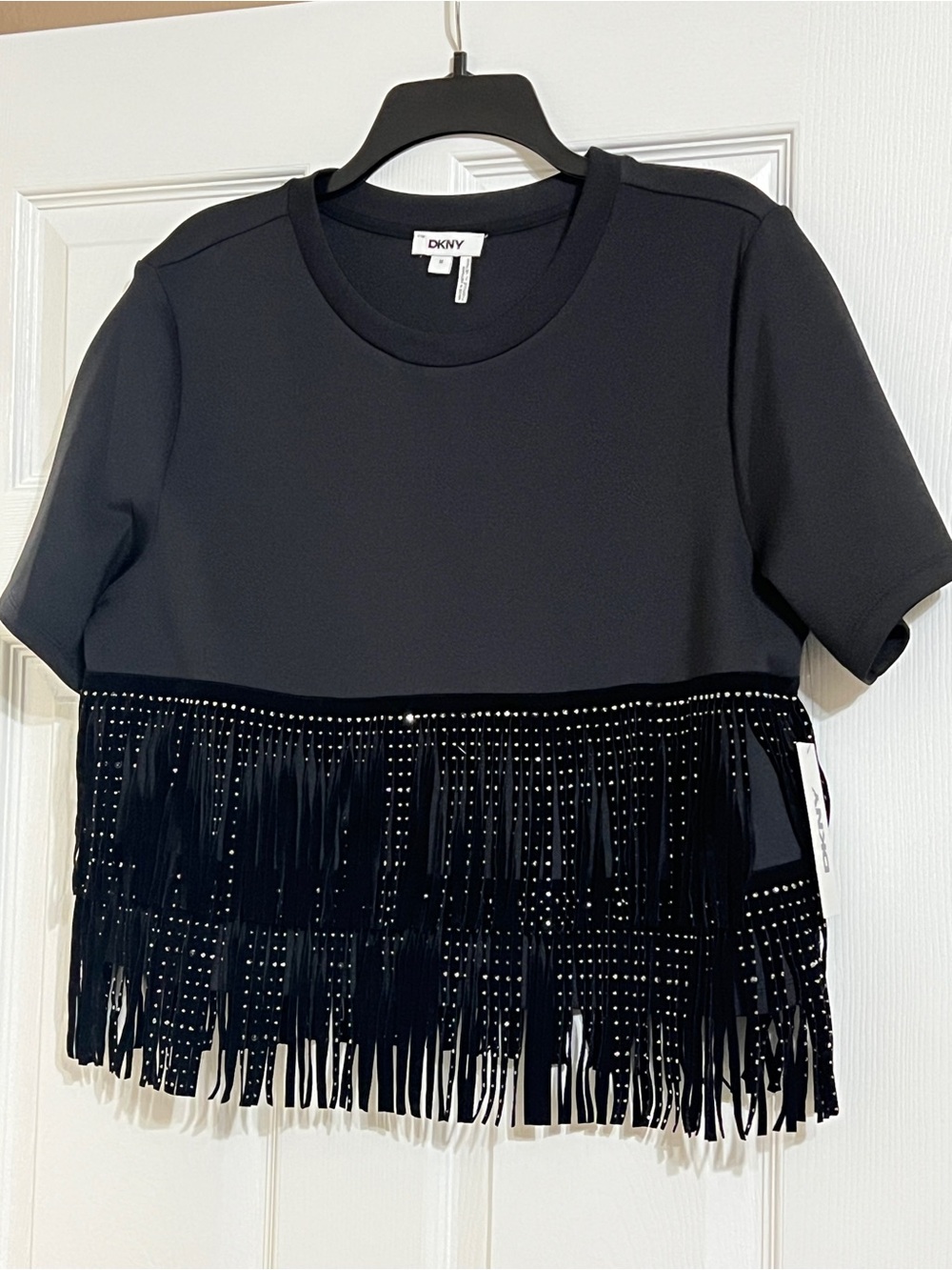 DKNY Black Fringe Studded Short Sleeve Top NWT